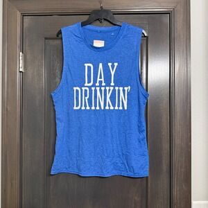 Aurora Bliss Boutique Day Drinkin‎ Graphic Muscle Tank Top Blue XL NWT